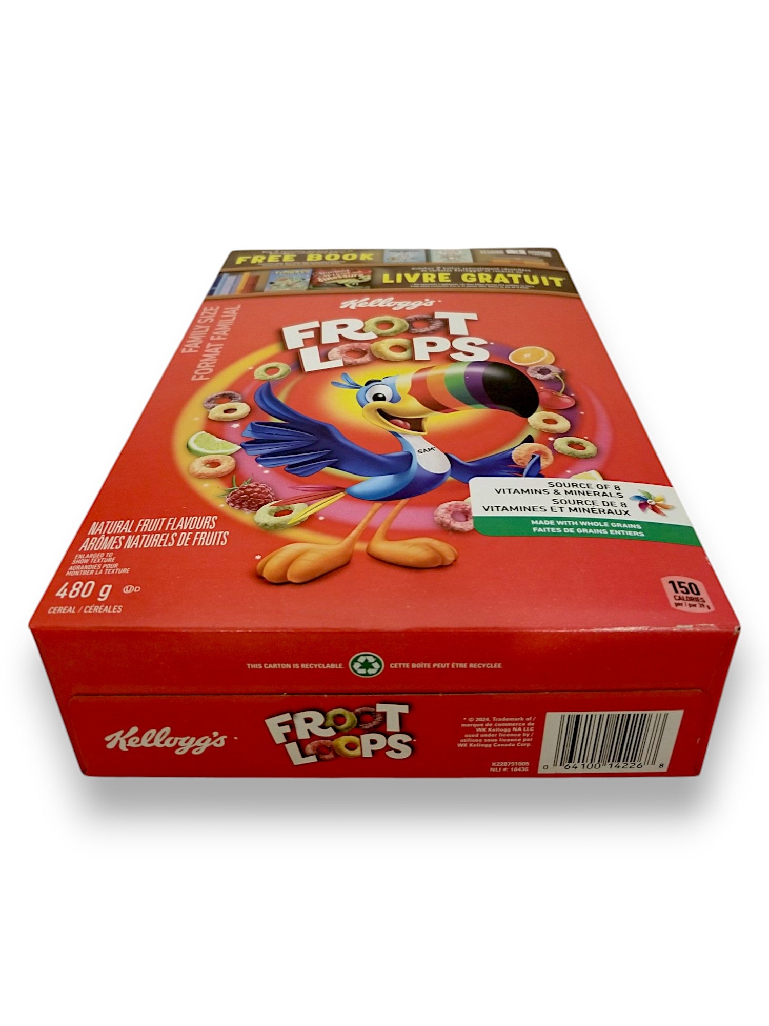 Bottom of Kellogg's Froot Loops Cereal, Family Size, 480g/1.06 lb., Box